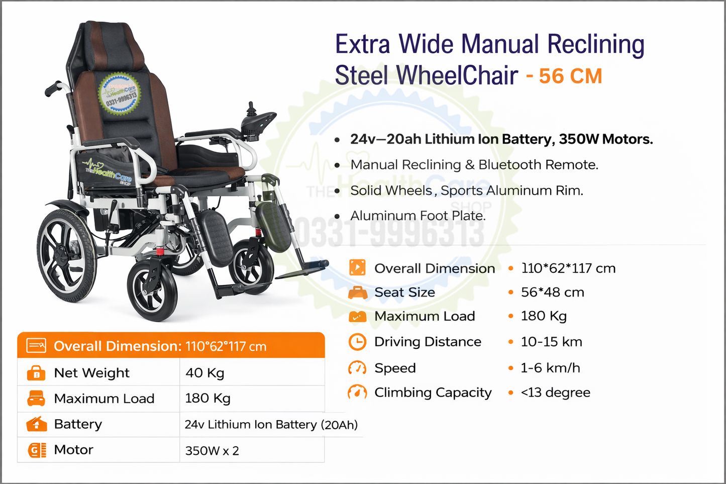 Heavy-Duty Extra Wide Manual Reclining Electric Wheelchair – 24V Lithium Battery | 350W x2 Motors | 180KG Load