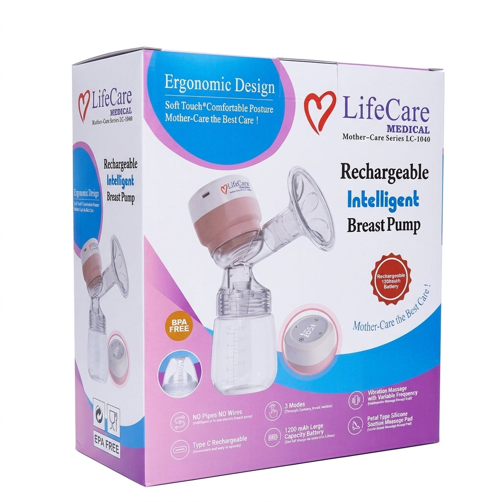 LifeCare Medical Rechargeable Intelligent Electric Breast Pump (LC-1040) | Wireless, BPA-Free, 3 Modes with Vibration Massage & 1200mAh Battery