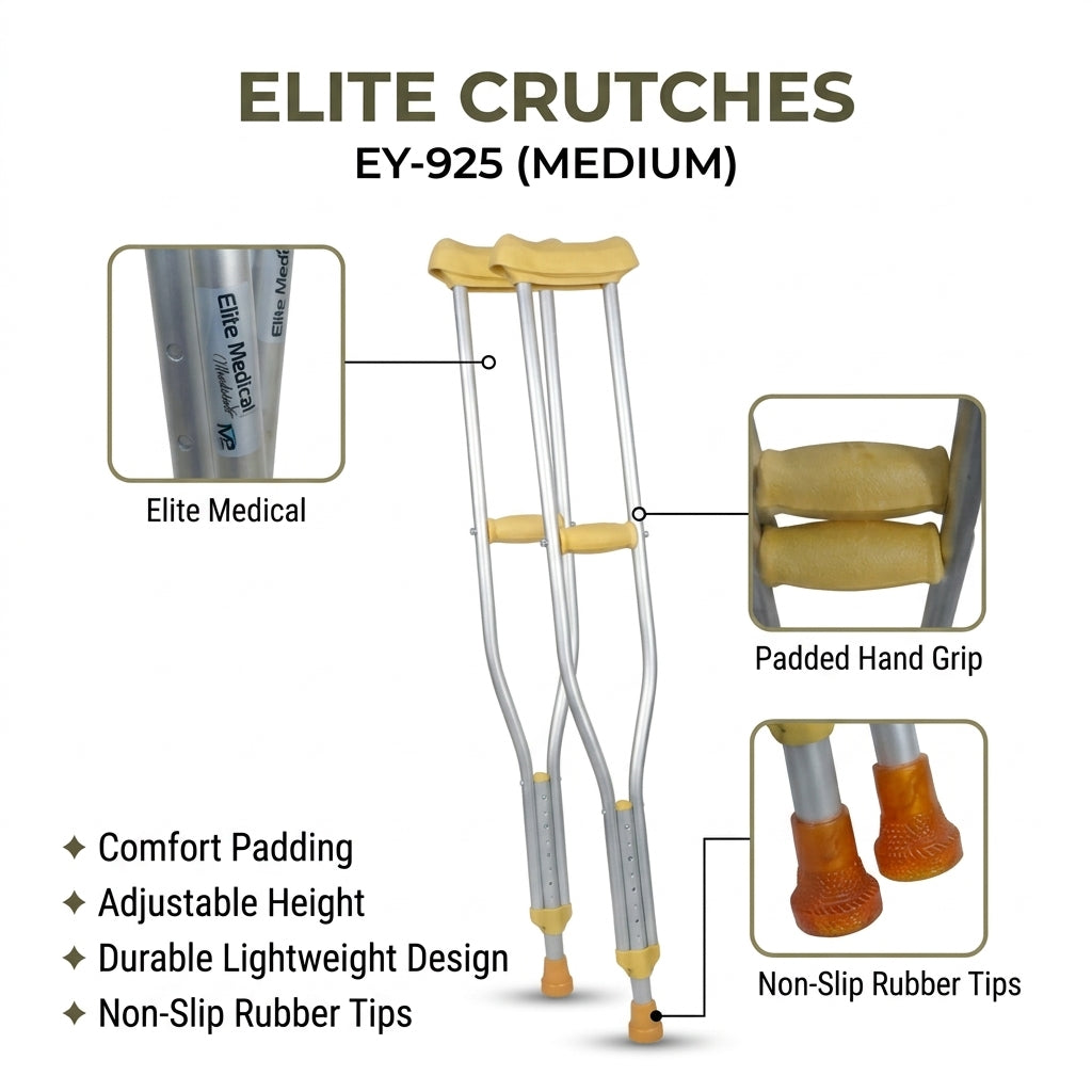 Elite Crutches Medium – Adjustable Height | Comfort Padding & Non-Slip Rubber Tips | Model EY-925