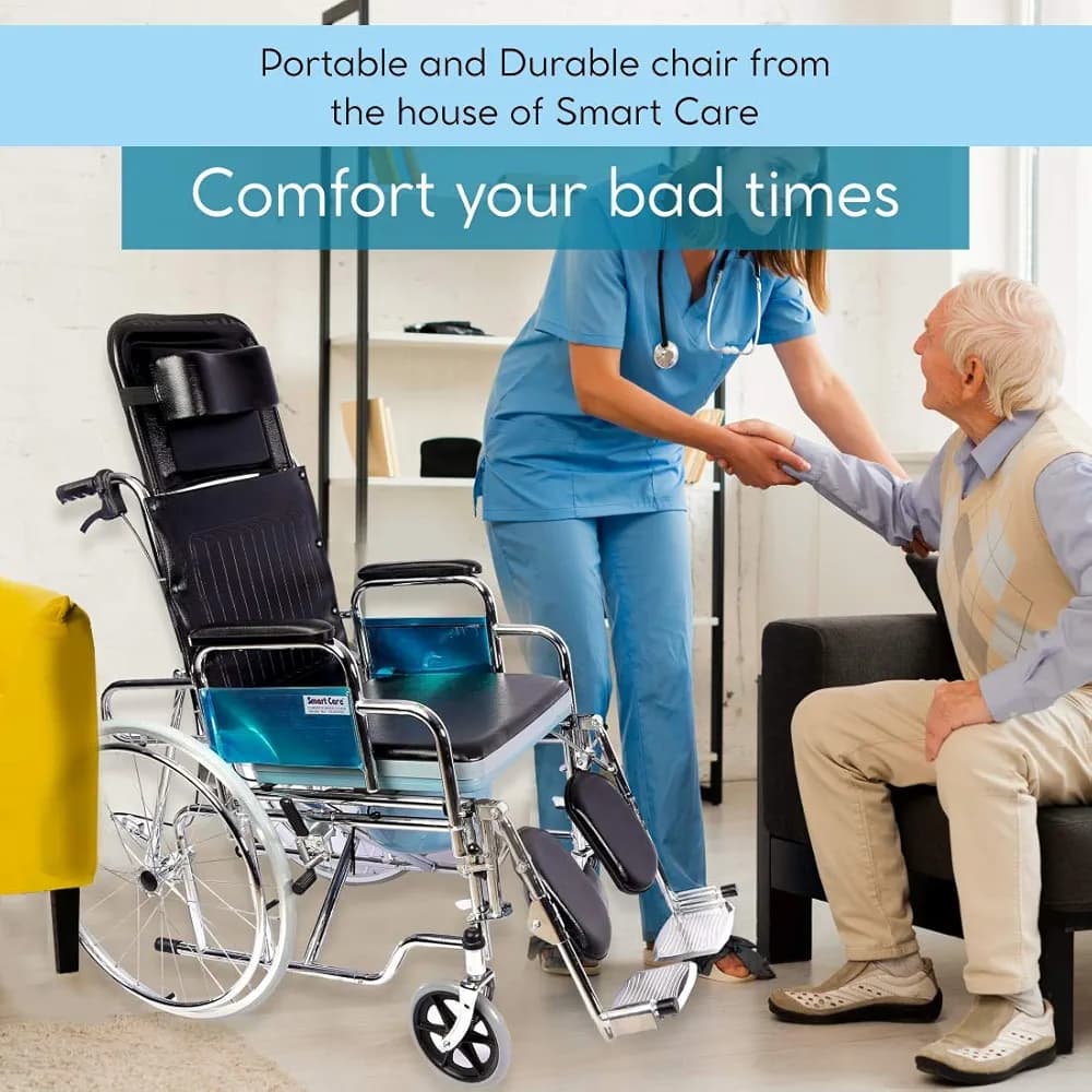 KY - 609 GC Reclining Wheelchair With Commode - MS Chrome-Plated Folding Wheelchair – Durable, Foldable & Comfortable
