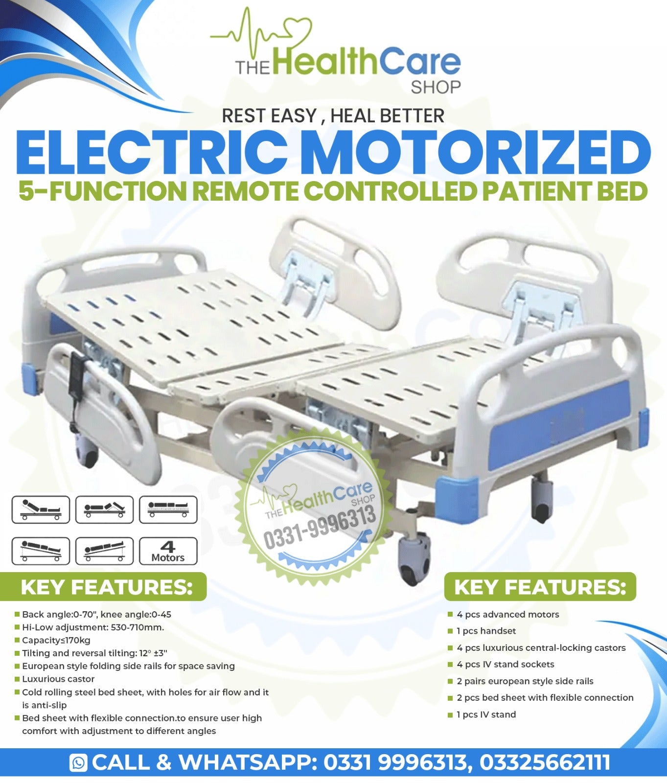 Electric Motorized 5-Function Patient Bed