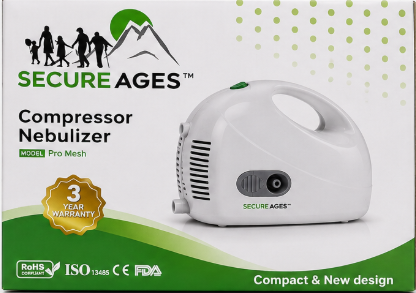 Secure Ages Compressor Nebulizer (Pro Mesh Model) – Compact Home Respiratory Inhaler Machine with 3-Year Warranty