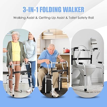 Goplus 3-in-1 Stand-Assist Folding Walker – Heavy-Duty 400LBS Mobility Aid with Height Adjustment, Toilet Safety Rail & Narrow Frame for Seniors