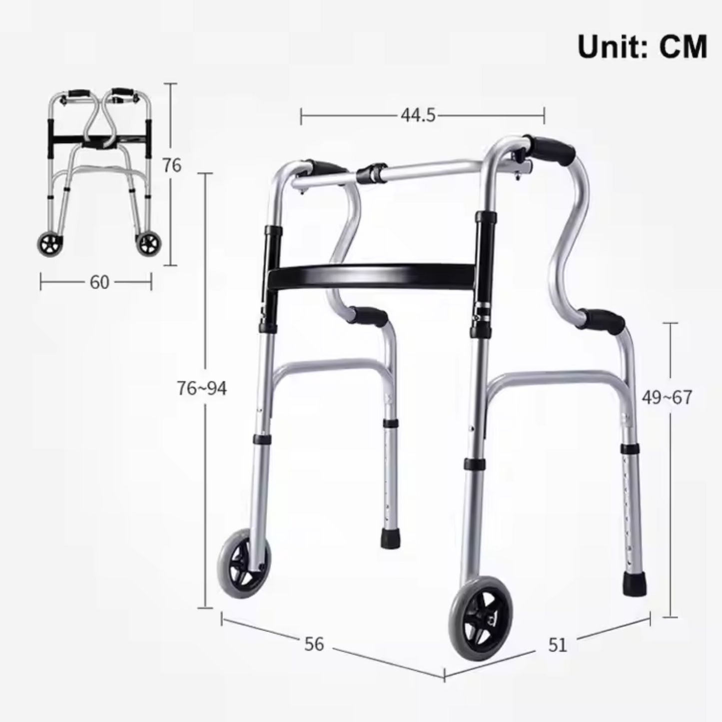 Elderly 2-Wheeled Lightweight Folding Posterior Walker – Step-Up Armpit Walking Aid