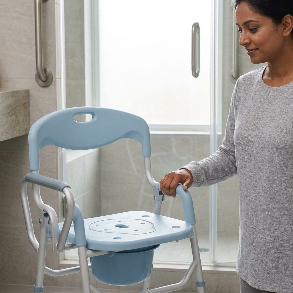 Premium 3-in-1 Folding Commode & Shower Chair | Height Adjustable Bedside Toilet Chair for Elderly & Patients