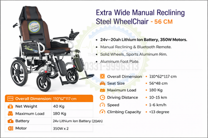 Heavy-Duty Extra Wide Manual Reclining Electric Wheelchair – 24V Lithium Battery | 350W x2 Motors | 180KG Load