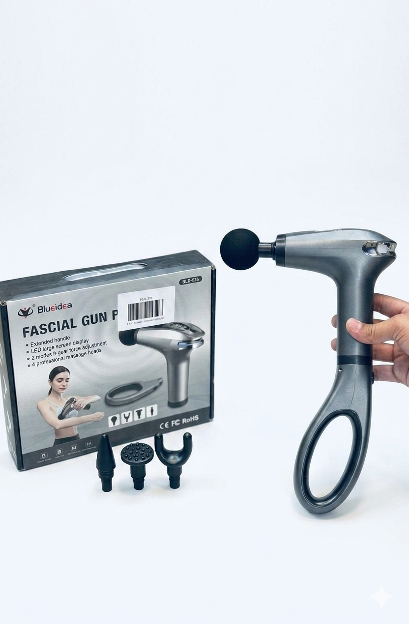 Blueidea Fascial Gun P Deep Tissue Massager | BLD-326 Professional Percussion Massage Gun with Extended Loop Handle, LED Large Screen Display & 4 Interchangeable Massage Heads