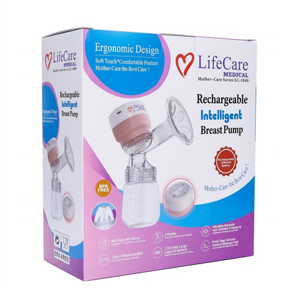 LifeCare Medical Rechargeable Intelligent Electric Breast Pump (LC-1040) | Wireless, BPA-Free, 3 Modes with Vibration Massage & 1200mAh Battery