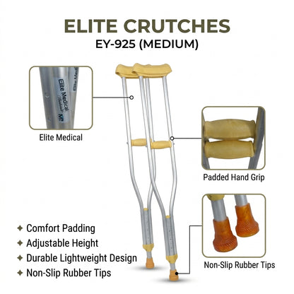 Elite Crutches Medium – Adjustable Height | Comfort Padding & Non-Slip Rubber Tips | Model EY-925