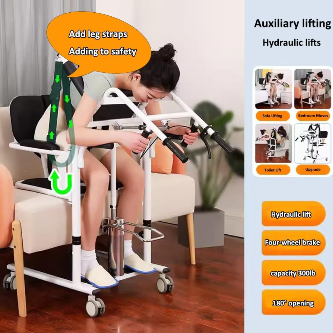 Hydraulic Patient Lift Transfer Chair – Height Adjustable Sit-to-Stand Wheelchair with Soft Back and Seat (300lb Capacity)