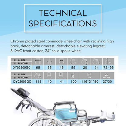 KY - 609 GC Reclining Wheelchair With Commode - MS Chrome-Plated Folding Wheelchair – Durable, Foldable & Comfortable