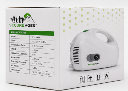 Secure Ages Compressor Nebulizer (Pro Mesh Model) – Compact Home Respiratory Inhaler Machine with 3-Year Warranty
