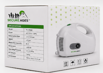 Secure Ages Compressor Nebulizer (Pro Mesh Model) – Compact Home Respiratory Inhaler Machine with 3-Year Warranty
