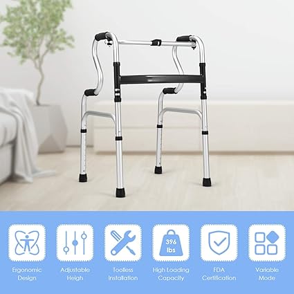Goplus 3-in-1 Stand-Assist Folding Walker – Heavy-Duty 400LBS Mobility Aid with Height Adjustment, Toilet Safety Rail & Narrow Frame for Seniors