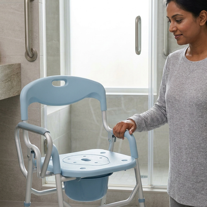Premium 3-in-1 Folding Commode & Shower Chair | Height Adjustable Bedside Toilet Chair for Elderly & Patients