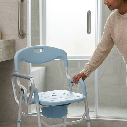Premium 3-in-1 Folding Commode & Shower Chair | Height Adjustable Bedside Toilet Chair for Elderly & Patients